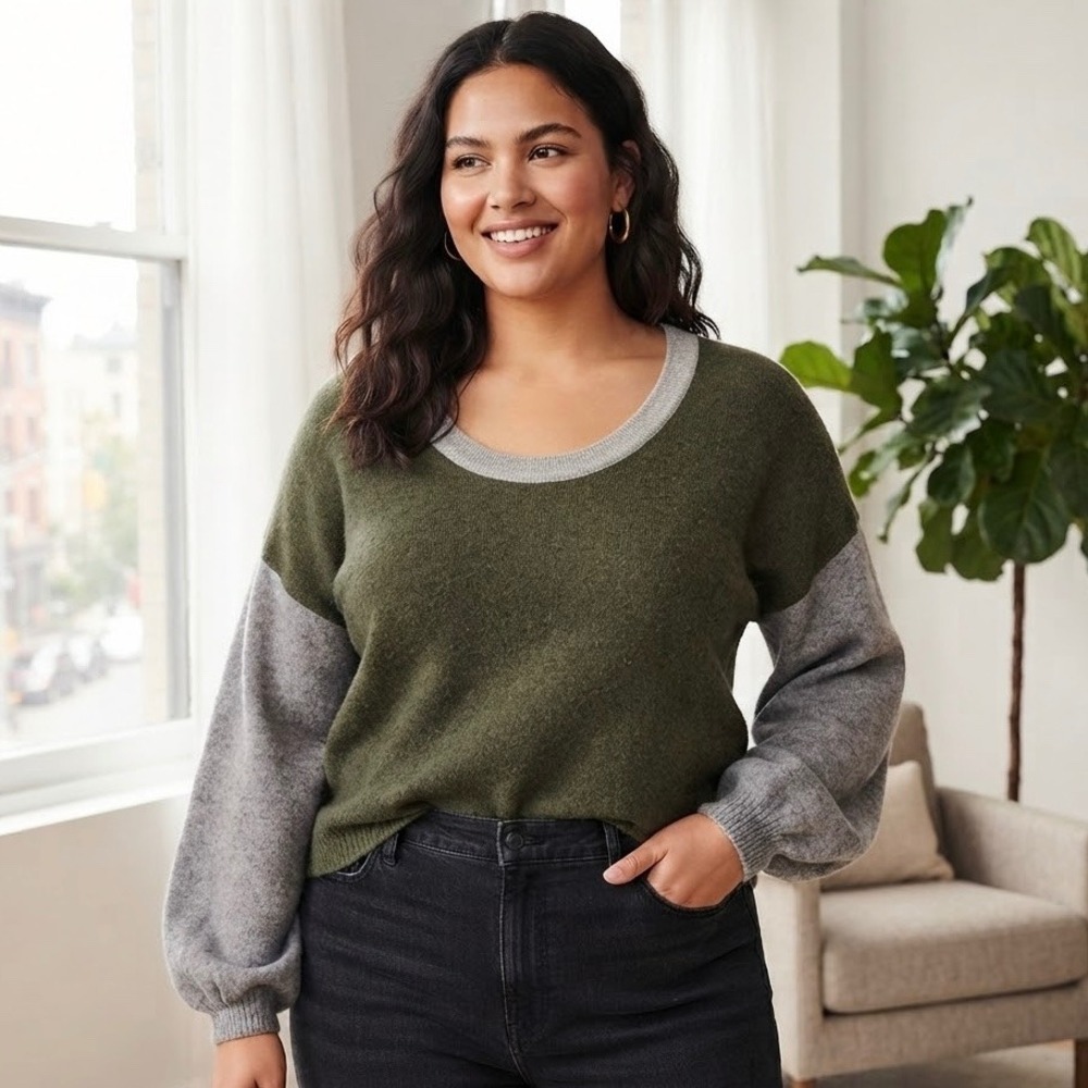 Madewell Payton Pullover Colorblock Cozy Yarn Wool Alpaca Sweater Olive Grey L